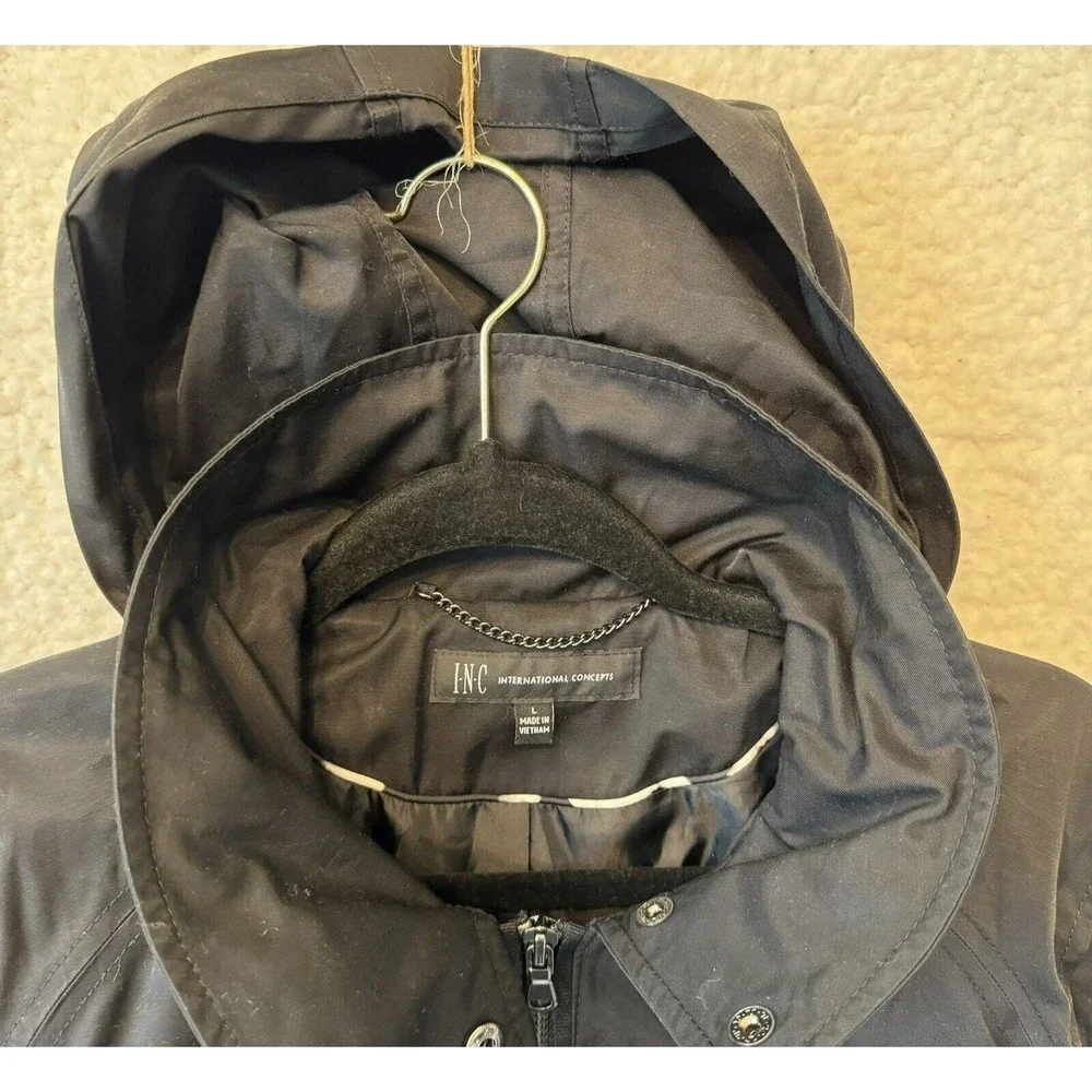 INC International Concepts Jacket Womens Large Black Windbreaker Raincoat Hooded